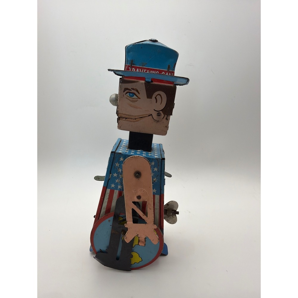Vintage Peace Corps Man Tin Wind Up Toy Patriotic Traveling Salesman Collectible